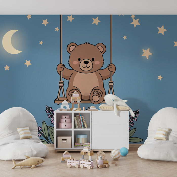 Papier peint chambre bébé | Ours mignon sur une balançoire sous les étoiles