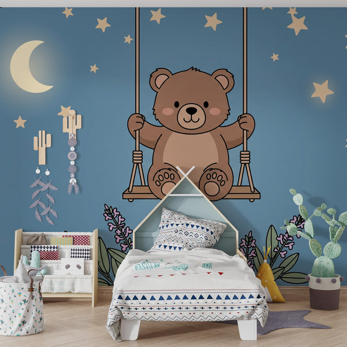 Papier peint chambre bébé | Ours mignon sur une balançoire sous les étoiles
