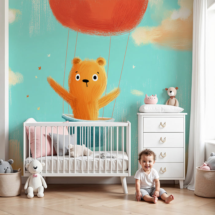 Papier peint chambre bébé | Ours volant en montgolfière