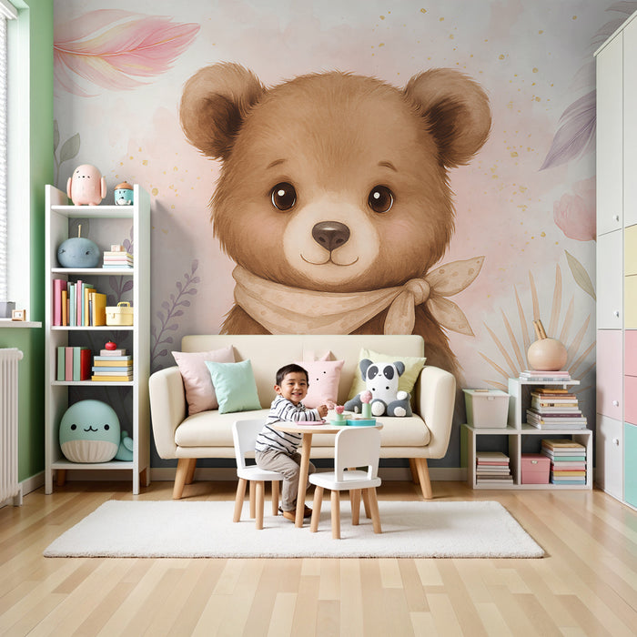 Papier peint chambre bébé | Ourson adorable au milieu de fleurs