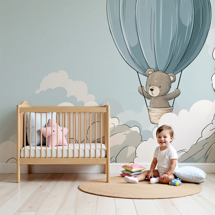 Papier peint chambre bébé | Ourson aventurier dans les nuages
