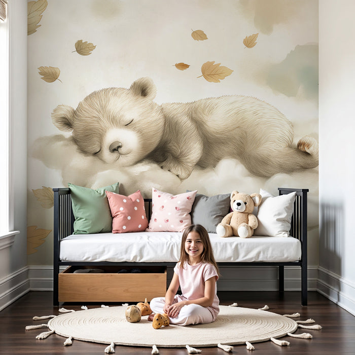 Papier peint chambre bébé | Ourson endormi parmi les nuages