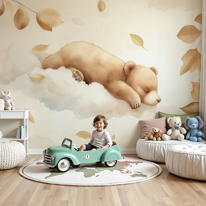 Papier peint chambre bébé | Ourson endormi sepia sur un nuage