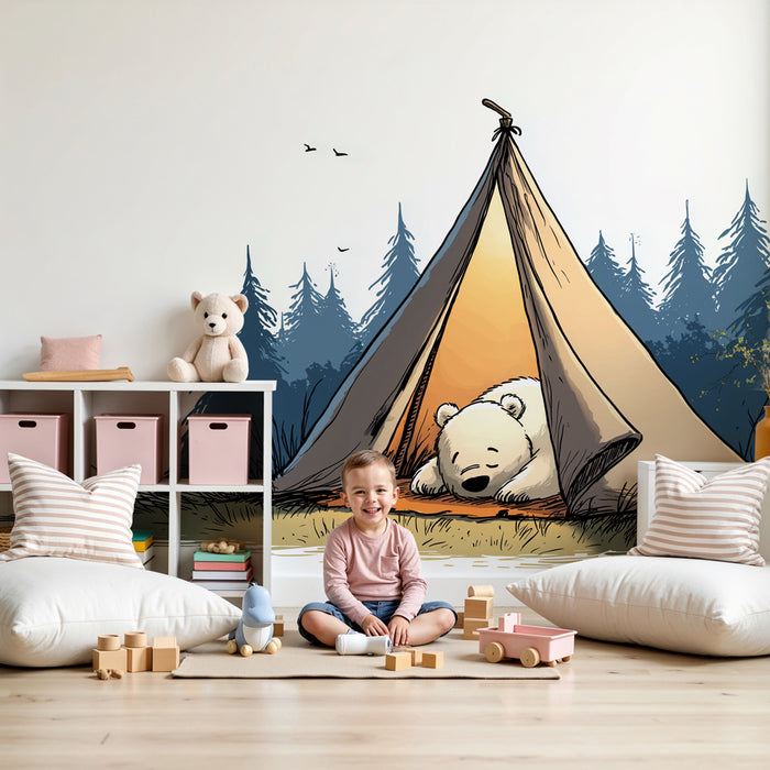 Carta da parati bambini | Orso addormentato sotto la tenda