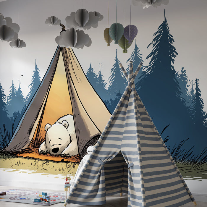 Carta da parati bambini | Orso addormentato sotto la tenda