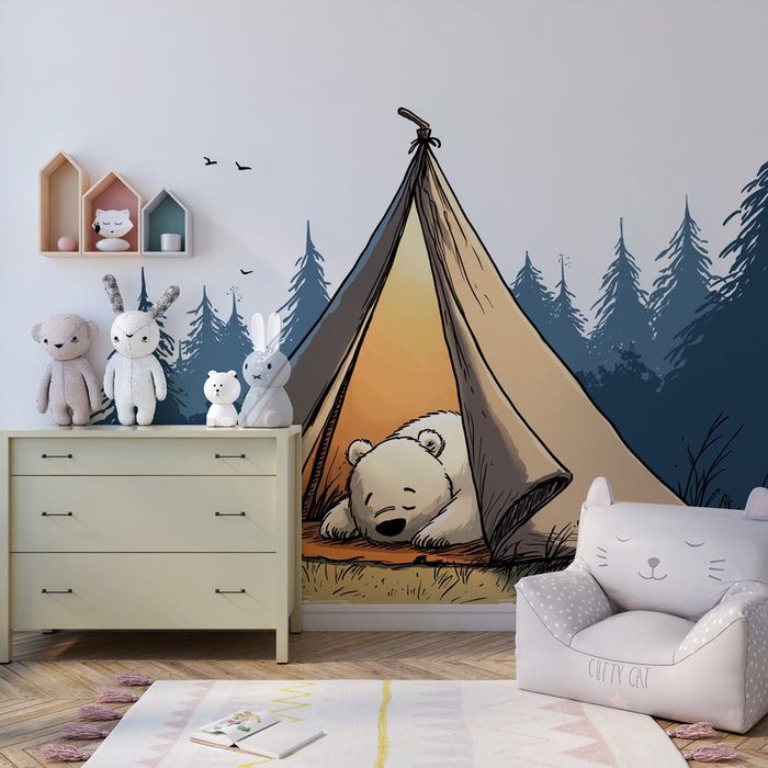 Carta da parati bambini | Orso addormentato sotto la tenda