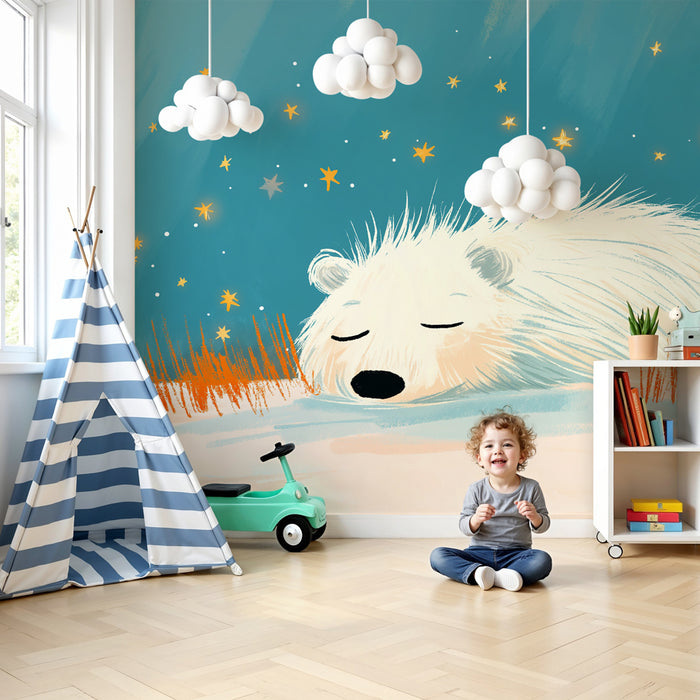 Carta da parati bambini | Orsetto addormentato sotto le stelle