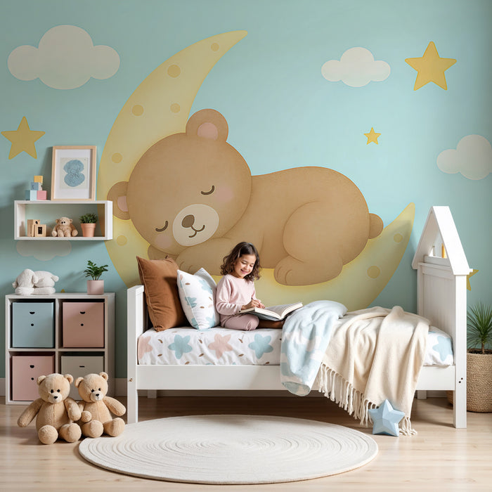 Papier peint chambre bébé | Ourson endormi sur la lune