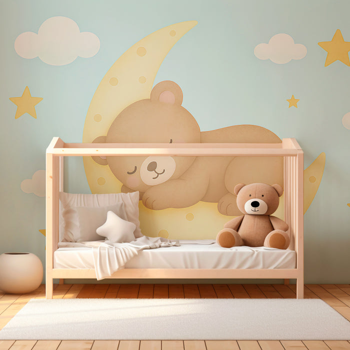 Papier peint chambre bébé | Ourson endormi sur la lune