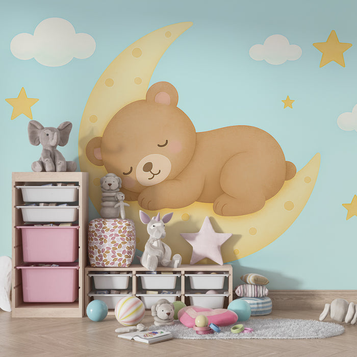 Papier peint chambre bébé | Ourson endormi sur la lune