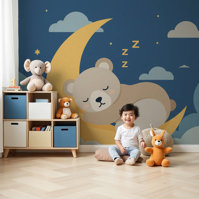 Papel pintado infantil | Oso dormido en una media luna