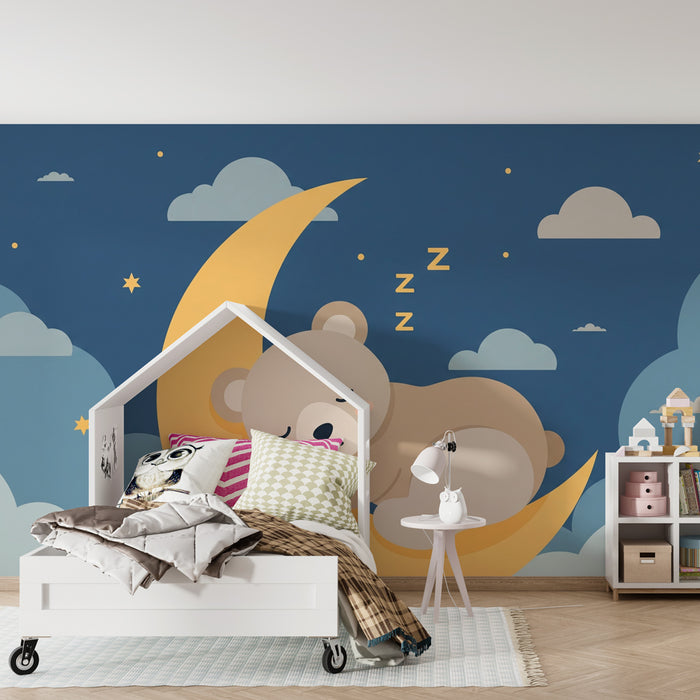 Papier peint chambre bébé | Ourson endormi sur un croissant de lune