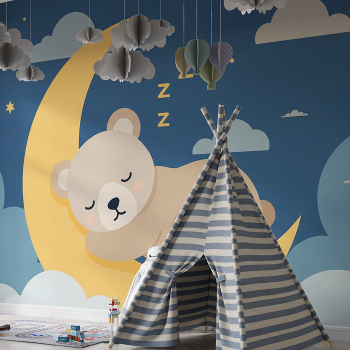 Papier peint chambre bébé | Ourson endormi sur un croissant de lune
