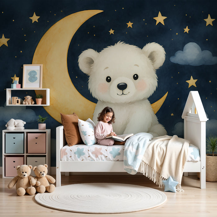 Babyzimmer Tapete | Niedlicher Bär unter den Sternen