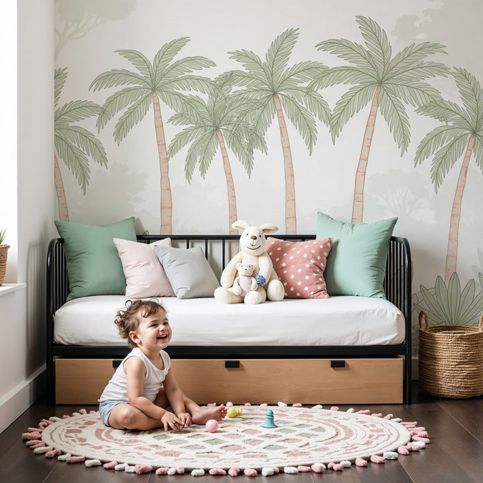 Nursery room wallpaper | Elegant palm trees and soft vegetation