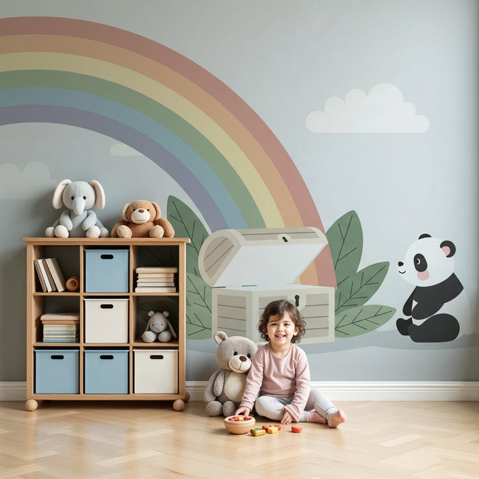 Carta da parati bambini | Panda curioso sotto un arcobaleno
