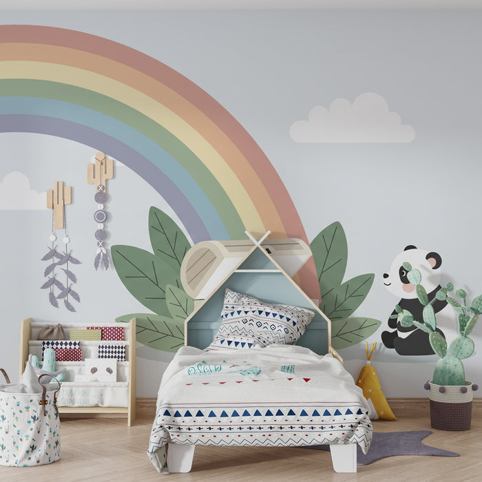 Nursery room wallpaper | Curious panda under a rainbow