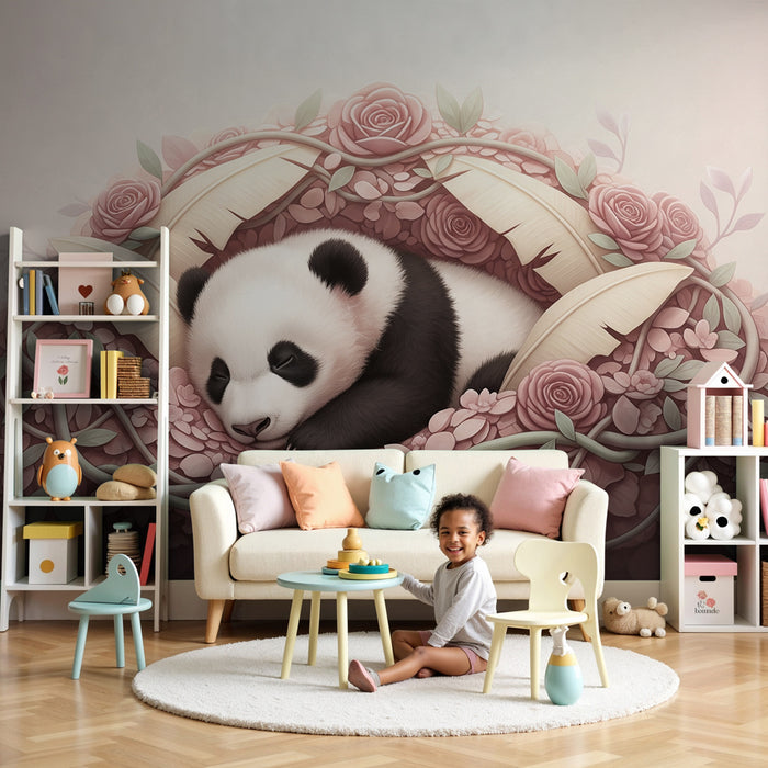 Babykamer behang | Slapende panda te midden van bloemen