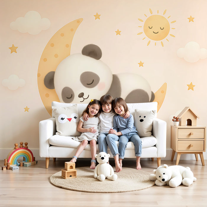 Nursery room wallpaper | Sleeping panda on a crescent moon
