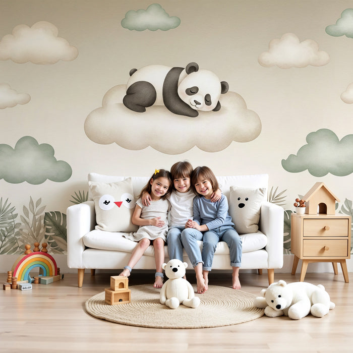 Nursery room wallpaper | Sleeping panda on a cloud