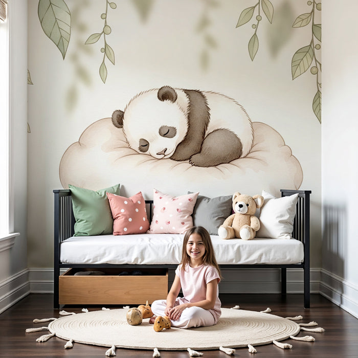 Babykamer behang | Slapende panda op een wolk