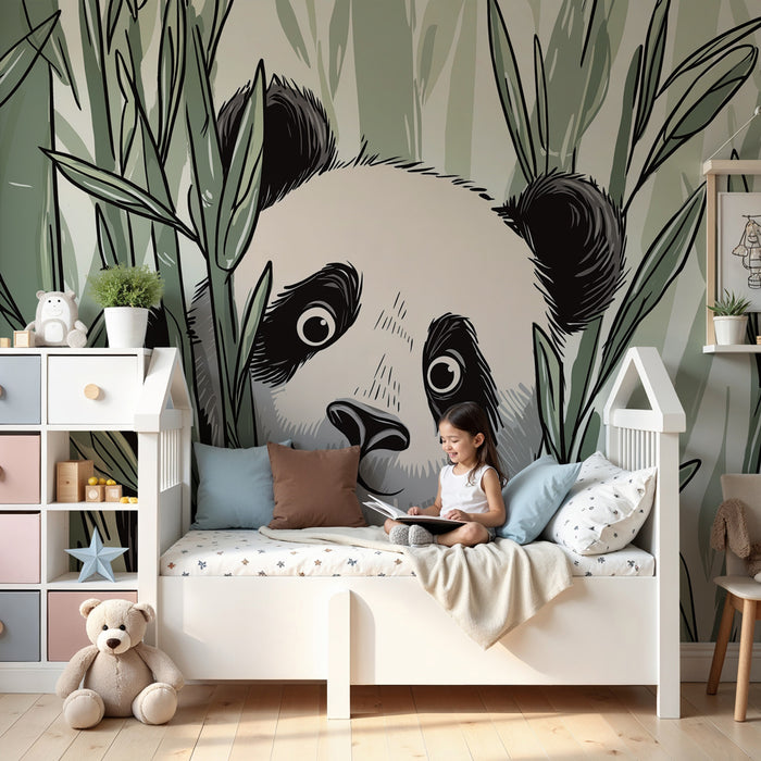 Papier peint chambre bébé | Panda espiègle dans la jungle