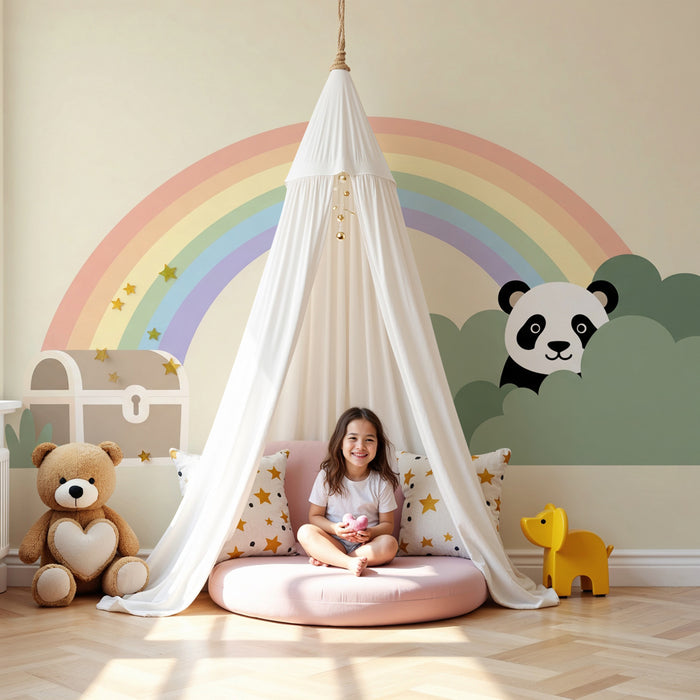 Papier peint chambre bébé | Panda et arc-en-ciel dans un jardin magique