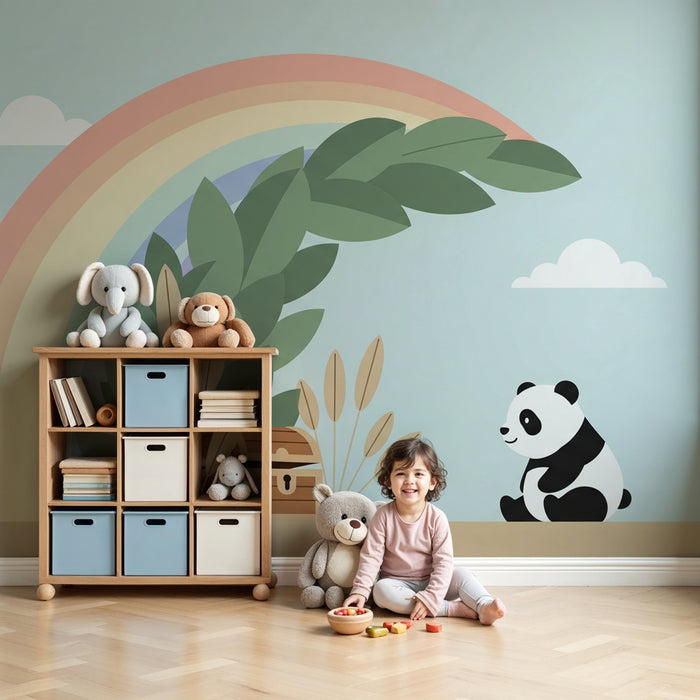 Papier peint chambre bébé | Panda et arc-en-ciel dans un monde magique