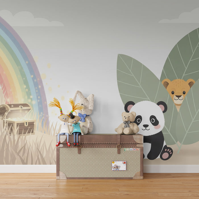 Nursery room wallpaper | Panda and treasure under a rainbow