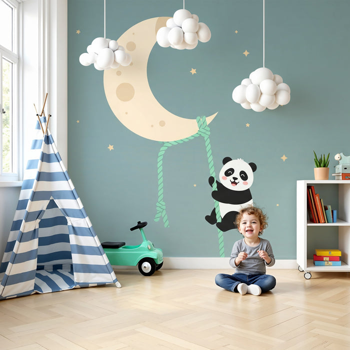 Babykamer behang | Dromende panda hangend aan de maan
