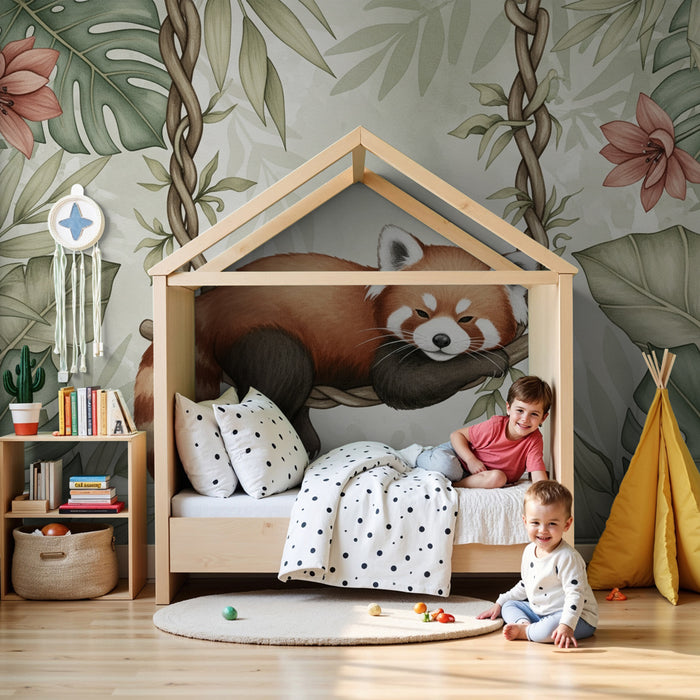 Tapeta do detskej izby | Roztomilý lišiak panda visiaci medzi kvetmi