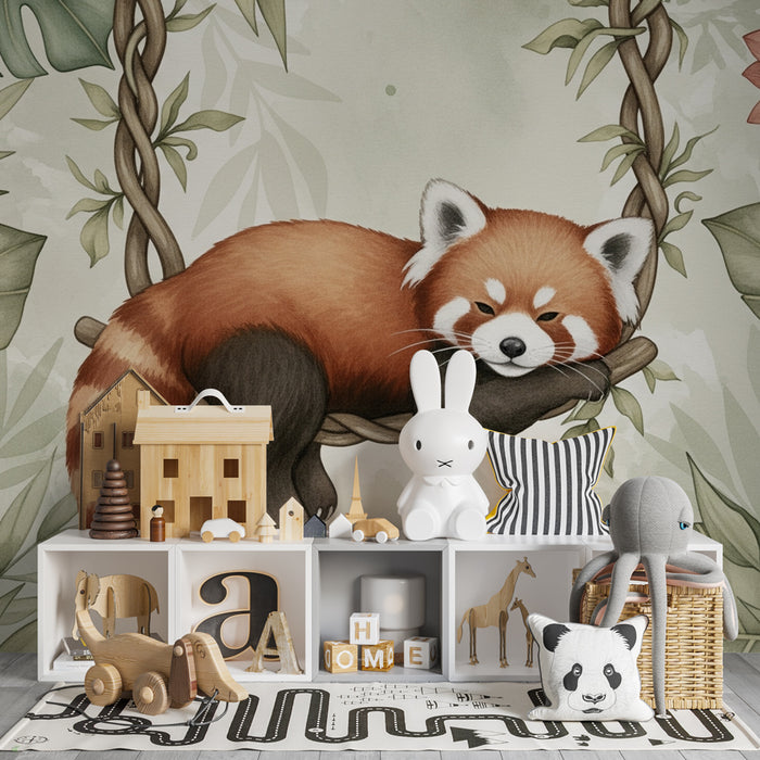 Papel pintado infantil | Panda rojo adorable colgando entre las flores