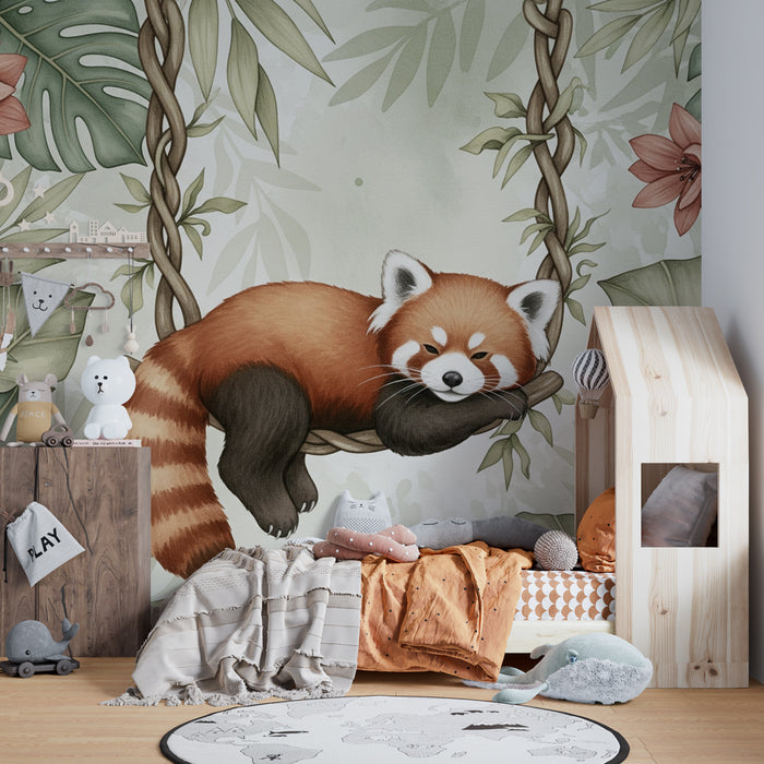 Papel pintado infantil | Panda rojo adorable colgando entre las flores