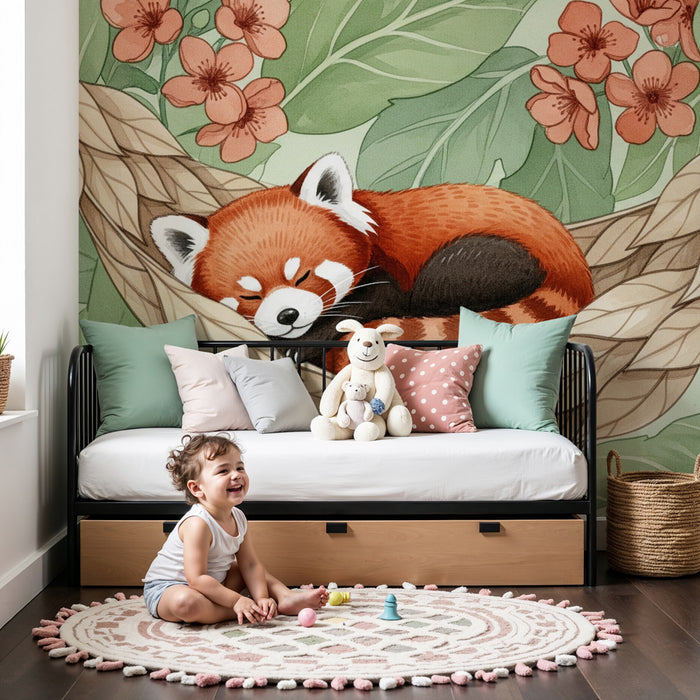 Babyzimmer Tapete | Schlafender Roter Panda inmitten von Blumen