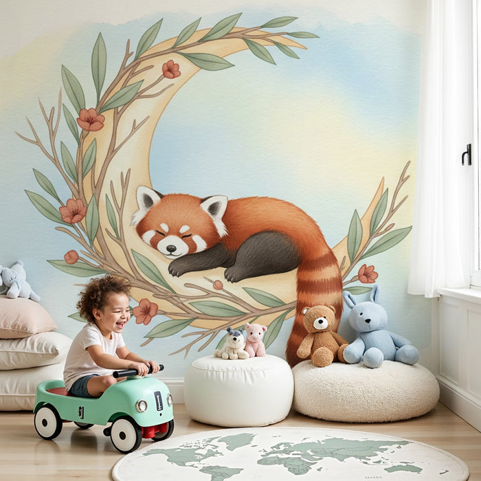 Papier peint chambre bébé | Panda roux endormi sur une lune enchantée