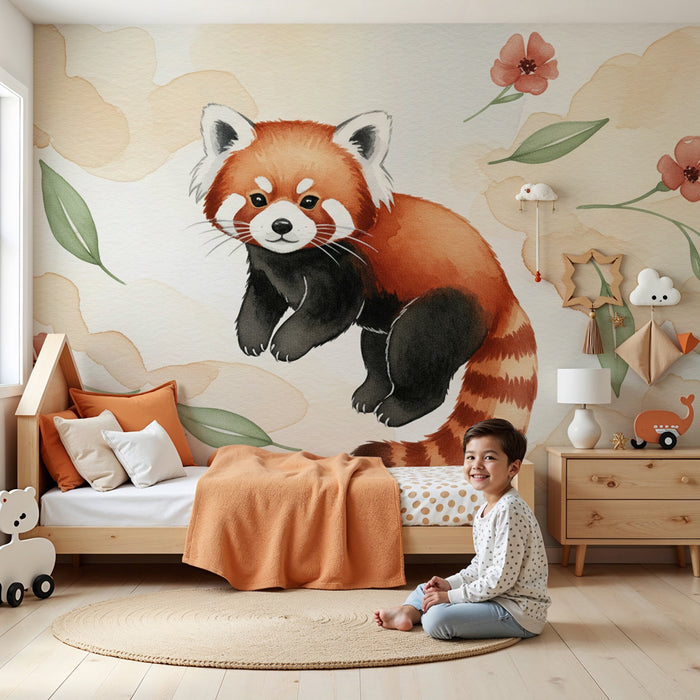 Papier peint chambre bébé | Panda roux espiègle et fleurs délicates