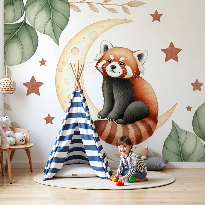 Papier peint chambre bébé | Panda roux et lune étoilée