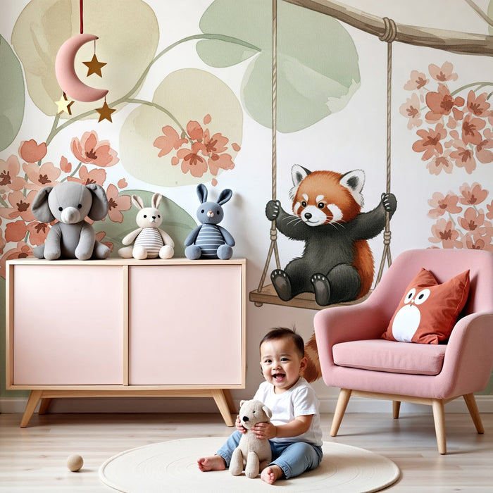 Tapet za bebe sobu | Sretan crveni panda u cvjetnom vrtu