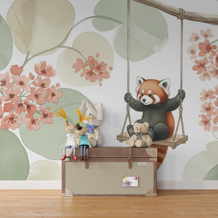 Papel pintado infantil | Panda rojo feliz en un jardín florecido