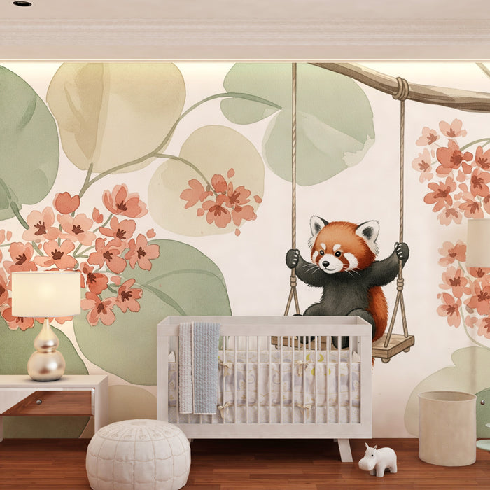 Papel pintado infantil | Panda rojo feliz en un jardín florecido
