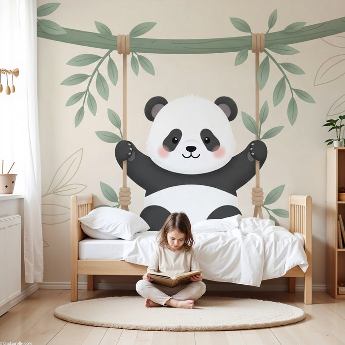 Papier de parede pre detskú izbu | Rozkošný panda na hojdačke