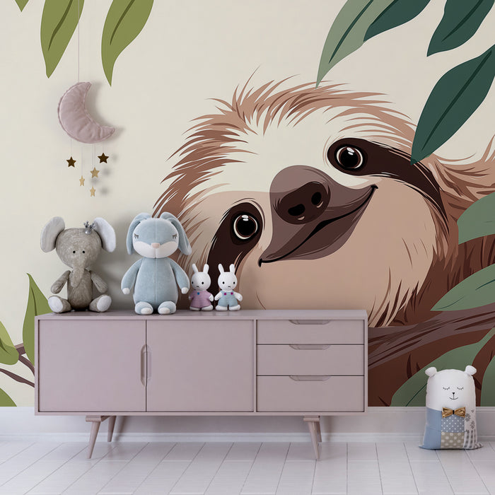 Papel de parede quarto bebê | Preguiças felizes entre as folhas
