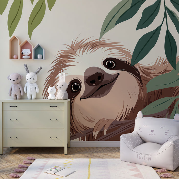 Papel de parede quarto bebê | Preguiças felizes entre as folhas