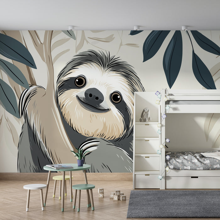 Papel de parede quarto bebê | Preguiça sorridente na selva
