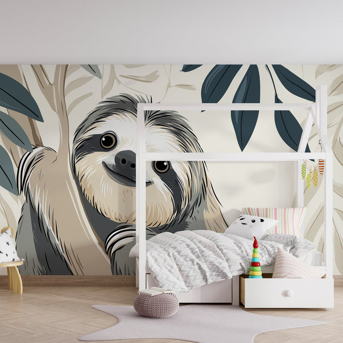 Papel de parede quarto bebê | Preguiça sorridente na selva