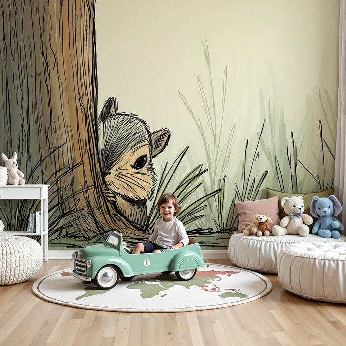 Papier peint chambre bébé | Petit écureuil curieux dans la forêt