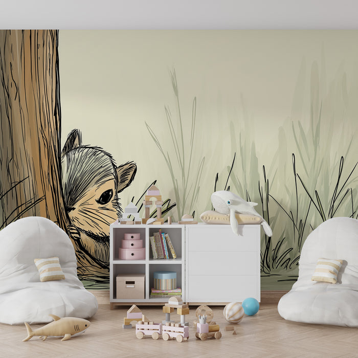Papier peint chambre bébé | Petit écureuil curieux dans la forêt