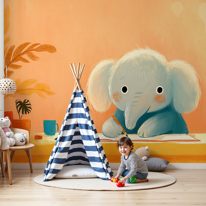 Papier peint chambre bébé | Petit éléphant créatif à son bureau