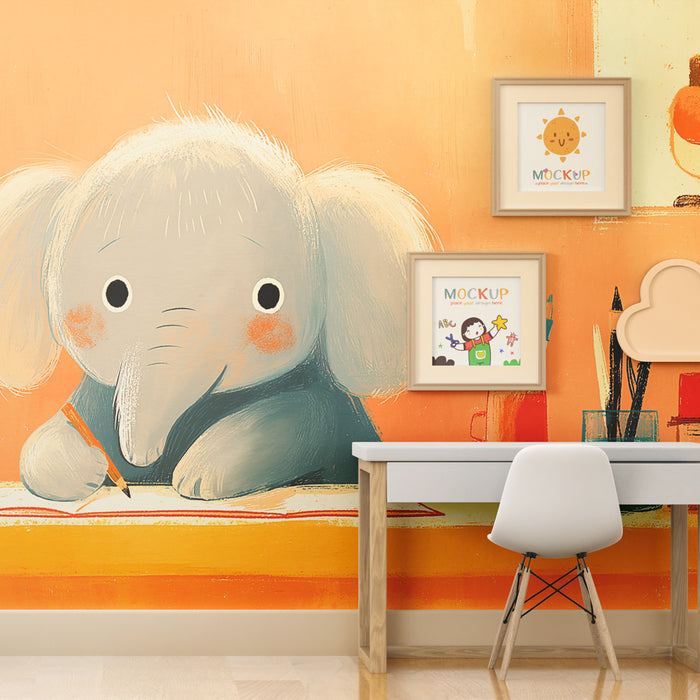 Papier peint chambre bébé | Petit éléphant créatif à son bureau