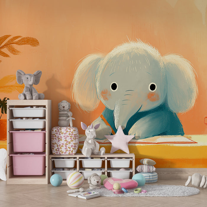 Papier peint chambre bébé | Petit éléphant créatif à son bureau